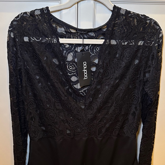 Sz 14 Boohoo Elegant Plush Plunge V-Neck Black Lace Bodysuit - Picture 5 of 5